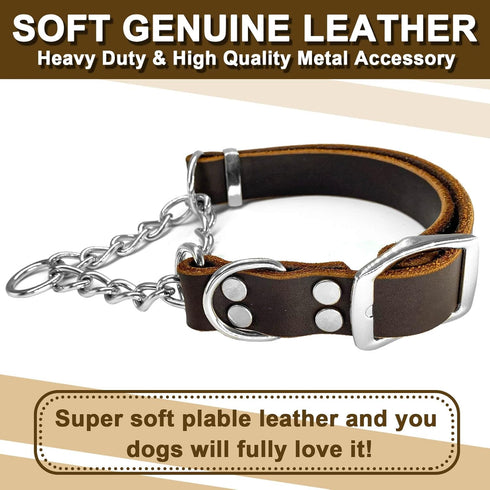 Leather Martingale Dog Collar, Adjustable for Medium Large Dogs, Soft Genuine Cowhide with Stainless Steel Chain (L,