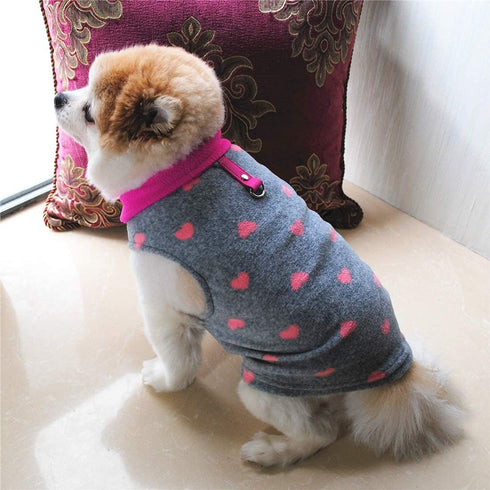 Dog Sweater - Soft Fleece Vest with Leash Ring Pullover Jacket for Small Dogs, Grey Heart, M