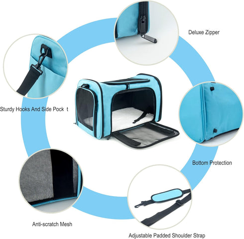 Soft Sided Carrier for Small Medium Dogs and Cats, Collapsible Travel Pet Carrier with Removable Pad, Large Blue