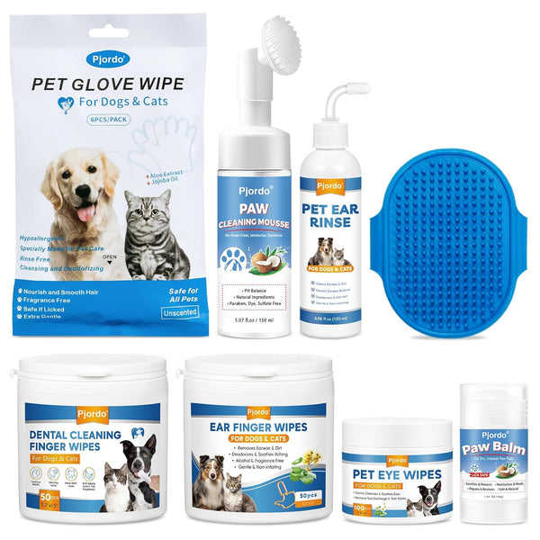 Pet Grooming Deodorizing Wipes for Dogs & Cats, Essential Supplies Set: Teeth, Ears, Eyes, Paw Cleaner, Balm, Rinse
