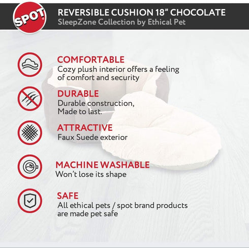 SPOT Sleep Zone Small Pet Bed, High Wall Reversible Cushion Bed for Indoor Cats & Small Dogs, 18x16in, Chocolate Brown
