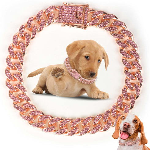 Dog Chain Collar Diamond Link Walking Necklace with Secure Buckle, Pet Crystal Collar for Small Medium Large Dogs Cats