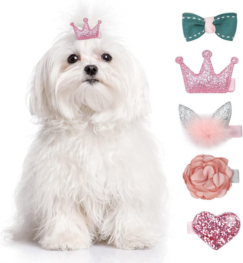 WWW Small Dog Hair Clips, 5 Pcs Cat Dog Hair Bows, Cute Bow Flower Crown Hairpin, Pink, Puppy Party Grooming Accessories