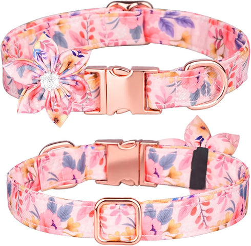 Dog Collar - Floral Pattern Puppy Collar with Detachable Rhinestone Flower for Small Medium Large Dogs (M:31-50cm, Pink)