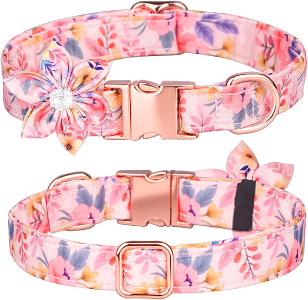 Dog Collar - Floral Pattern Puppy Collar with Detachable Rhinestone Flower for Small Medium Large Dogs (M:31-50cm, Pink)