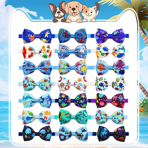20pcs Ocean-Themed Dog Bow Ties for Small Medium Dogs, Adjustable Pet Bowtie Collar Charms, Sea Pattern Necktie for