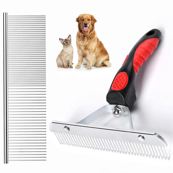 Undercoat Brush Grooming Rake for Dogs, Stainless Steel Tooth Comb, Deshedding Tool Set for Long-Haired Cats, 2 Piece