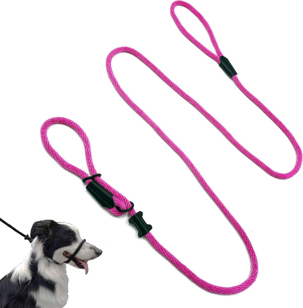 Multifunctional Figure 8 Leather Dog Rope Leash, Padded Halter Walking Training Slip Lead (Hot Pink)