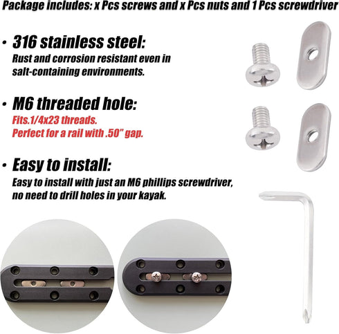 Kayak Hardware Mount Accessories Replacement Kit for Kayaks, Canoes, Boats - 316 SS M6 Short Track/Rail Screws & Nuts