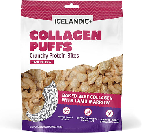 Icelandic+ Collagen Puffs: Baked Beef Collagen with Lamb Marrow, 2.5 oz - Crunchy Protein Treats for Med-Lg Dogs