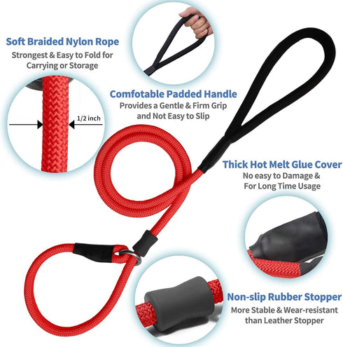 Strong Slip Rope Dog Training Leash 4ft, Heavy Duty Braided Nylon Lead with Padded Handle for Medium Large Dogs