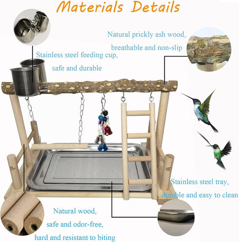 PINVNBY Bird Playground Parrot Playstand Birds Play Stand Wood Exercise Perch Gym Stand Playpen Ladder with Feeder Cups