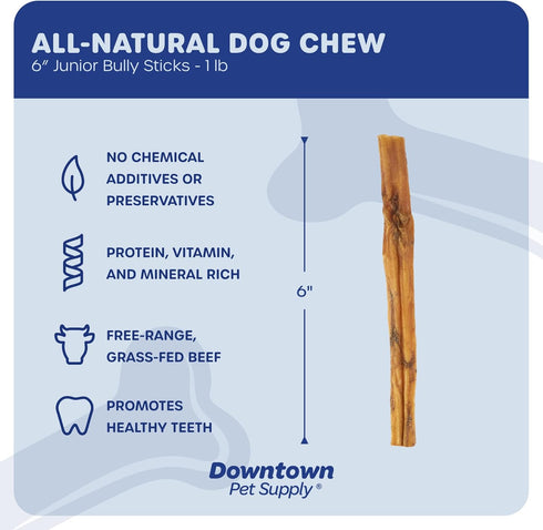 Downtown Pet Supply Thin Junior Bully Sticks, 6" - 1 LB, Long Lasting Dental Treats for Small Dogs and Puppies