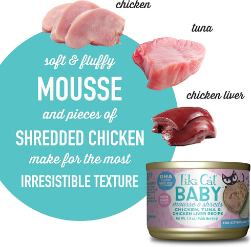 Tiki Cat Baby, Chicken Tuna & Chicken Liver Mousse & Shreds, High-Protein Wet Cat Food for Kittens, 1.9 oz. Cans (Pack