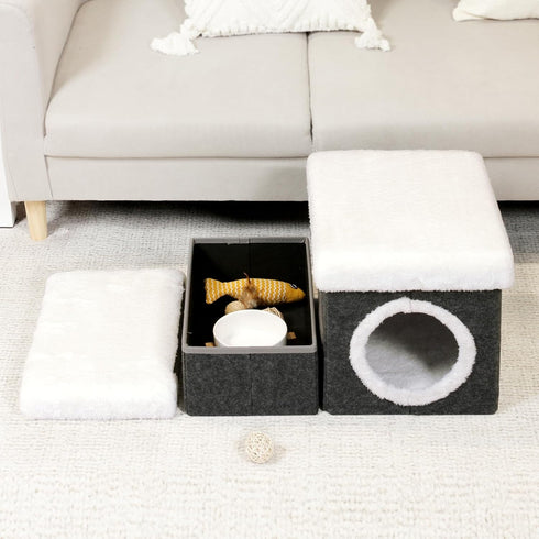B FSOBEIIALEO Cat House Pet Stairs for Beds Sofa, Foldable 2-Tier Steps with Storage Toy Box, Small Cat House, Grey