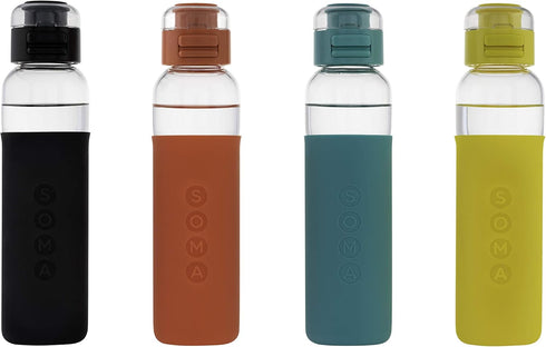 SOMA Glass Water Bottle with Silicone Sleeve, Sport Cap, 17-ounce, Black