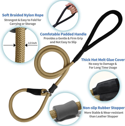 Strong Slip Rope Dog Training Leash (5ft), Heavy Duty Braided Nylon Lead with Padded Handle for Medium Large Dogs