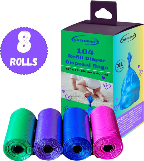 8 (104 (8 Baby Diaper Bag Disposable Refill Rolls Diaper Sacks) Dog Poop Waste Bags Cat Litter Clump & Poop Bags