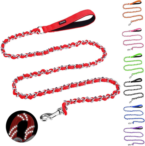 Homimp Reflective Chain Dog Leash, Chew Proof Metal Leash for Large Dogs, 6 FT with Soft Padded Handle (Red)