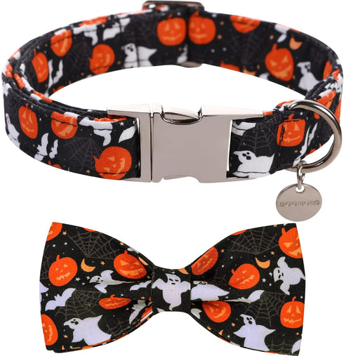 DOGWONG Halloween Black Ghost Dog Collar with Removable Bow Tie, Soft Comfy Adjustable Fall Pet Collar for Small Medium