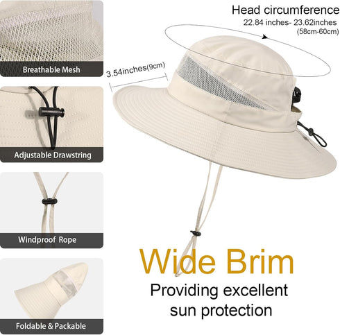Waterproof Bucket Sun Hat for Women, Wide Brim Breathable Mesh UPF50+ Safari Hat with Criss Cross Ponytail Hole