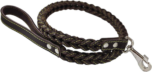 4-Thong Square Fully Braided Genuine Leather Dog Leash, 3.5 ft Length, 1" Wide, Brown for Large to X-Large Dogs