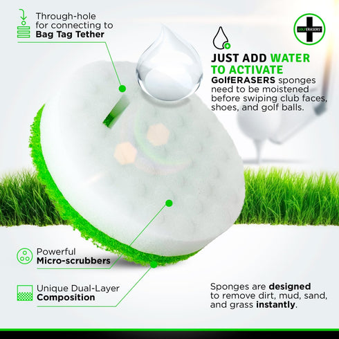 Instant Golf Eraser with Bag Tether, Premium Dual-Sided Sponge for Cleaning Clubs, Shoes & Golf Balls, 6 Pack