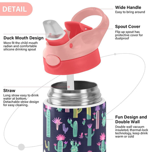 Wfrish 12 oz Cactus Flower Kids Water Bottle with Straw Lid Insulated Stainless Steel Travel Tumbler BPA-Free Pink