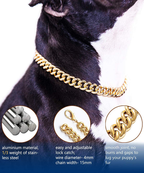 Gold Chain Dog Collar, 15mm Cute Pet Necklace for Bulldog, Light Metal Puppy Jewelry 20" Chain Costume