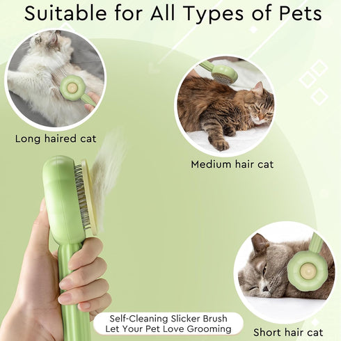 GJEASE Cat Grooming Glove Brush - Self-Cleaning Slicker for Short and Long Haired Pets, Removes Loose Hair (Green)