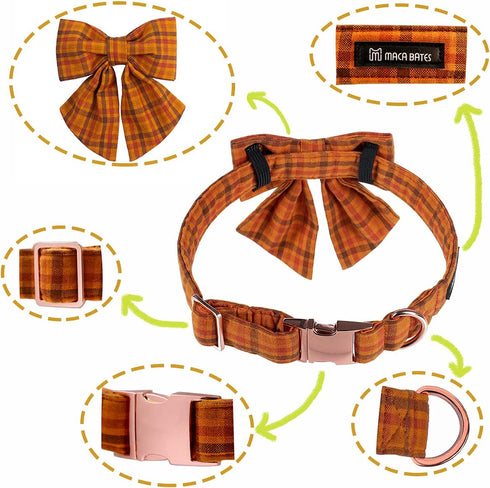 Maca Bates Thanksgiving Day Halloween Checkered Dog Collar with Grid Bow Plaid Bowtie, Adjustable Cute Collars for
