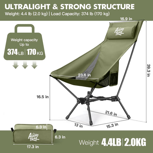 AuraroTrail 374 lb AuroraTrail High Back Folding Camping Chair with Pillow Lightweight Portable Outdoor Chair with Cup