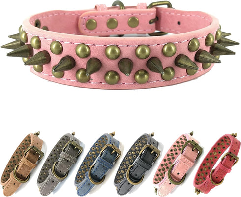 Bronze Pointed Stud Anti-Bite Spiked Studded Dog Collar, Pink, S