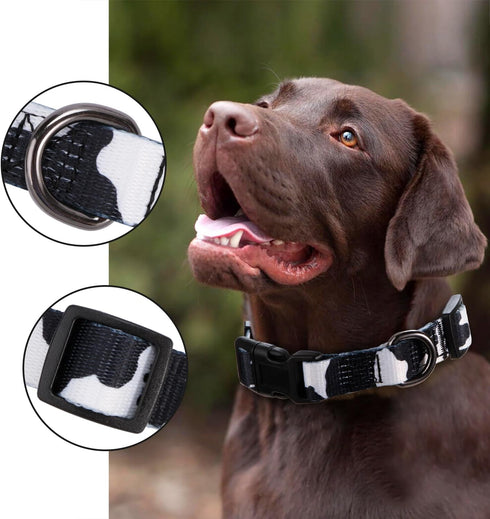 Rhea Rose Cow Print Dog Collar, Animal Pattern in White and Black for Large Dogs