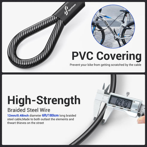 Sportneer Heavy Duty Bike Lock: U Lock with 6ft Security Steel Cable, Bicycle U-Locks with Keys