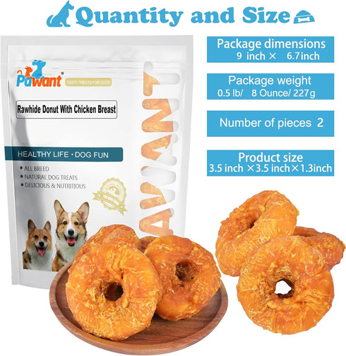 Dog Treats, Long Lasting for Large Dogs, Clean Teeth, Chicken Wrapped Rawhide Donuts, 0.5lb