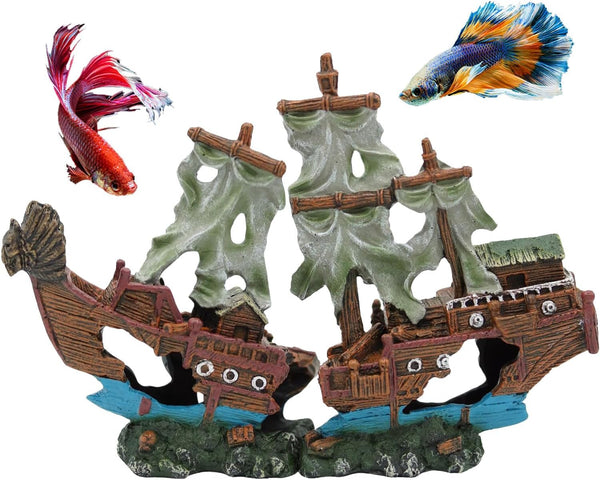 UNEAK - Shipwreck Aquarium Decorations Pirate Ship Ornament w/Sail (2 Pieces) 5