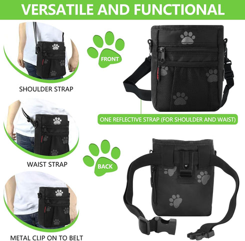 Dog Treat Pouches for Training, Large Pouch with Built-in Poop Bag Dispenser and Dog Clicker - Black Pattern