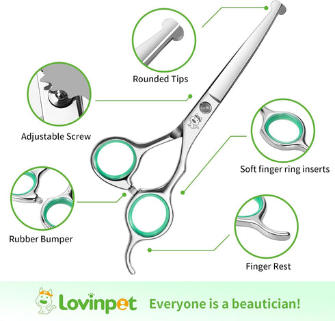 LovinPet Dog Grooming Scissors Set, Safety Round Tips Professional 6 in 1 Stainless Steel Grooming Shears