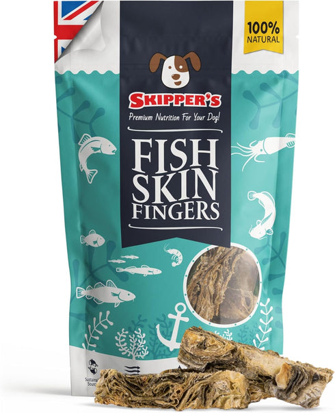 SKIPPER'S Cod Fish Skin Finger Dog Treats 9 Oz - All Natural & Healthy Fish Skin Sticks, Air Dried Chews for Dogs