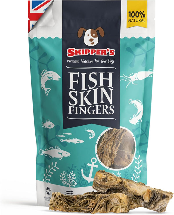 SKIPPER'S Cod Fish Skin Finger Dog Treats 9 Oz - All Natural & Healthy Fish Skin Sticks, Air Dried Chews for Dogs