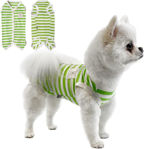 TONY HOBY Dog Pajamas, Summer Sleeveless Jumpsuit with Green Stripes for Small Medium Dogs, White & Green, XL