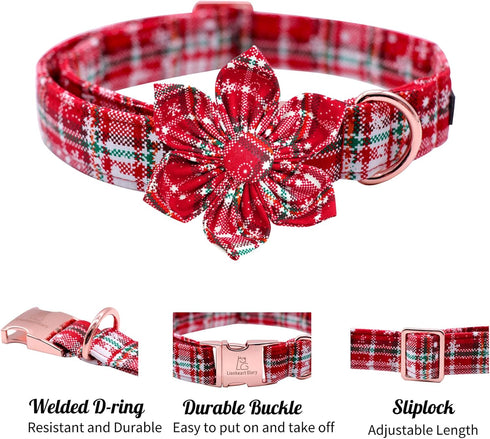 Lionheart glory Christmas Plaid Dog Collar, Dog Flower Collar Adjustable Soft and Comfortable Dog Collars for Medium Dogs Girl or Boy Pet Gift Fall Collar Dog Collar with Flower