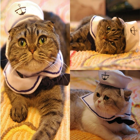 Dogs Kingdom Cat Dog Sailor Costume Set, Navy Tie Hat, White, One Size