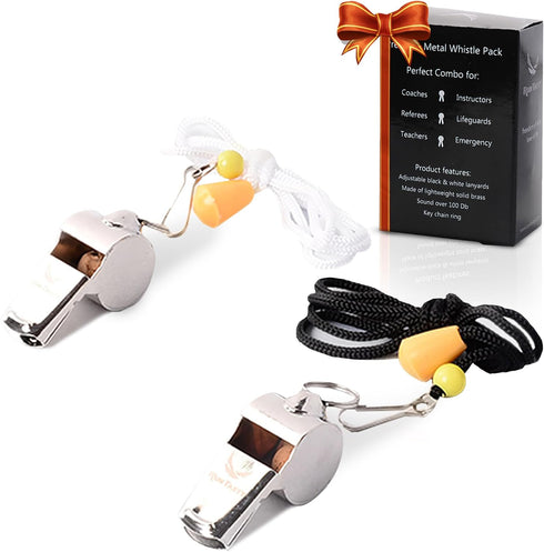 Premium Metal Whistle Pack of 2 with Adjustable Lanyard, Ideal for Survival, Teacher, Sports, Safety