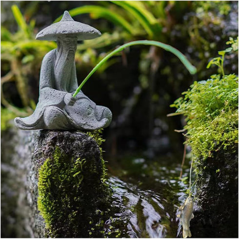 Mini Fisherman Figurine, Sandstone Asian Aquarium Decorations, Japanese Garden Ornaments