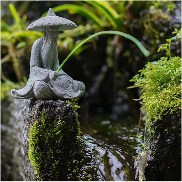 Mini Fisherman Figurine, Sandstone Asian Aquarium Decorations, Japanese Garden Ornaments