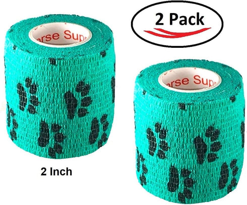 Vet Wrap Teal with Paws Tape, 2 Pack, 4 Inch x 15 feet Self Adhesive Cohesive Bandage for Pets