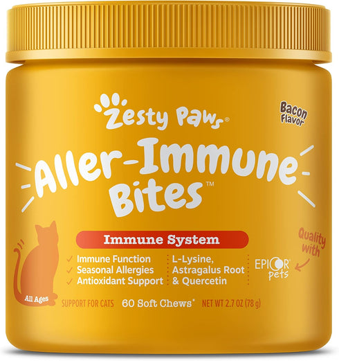 Zesty Paws Cat Allergy Relief, Anti Itch Supplement with Omega 3 Probiotics, 60 Count, Bacon