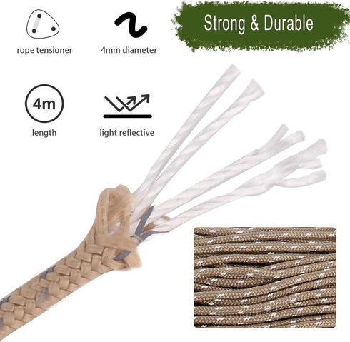 Hikeman 4 Pack Camping Rope with Locking Carabiner Clip, 4mm Reflective Guy Lines with Triangular Adjuster, Nylon Cord